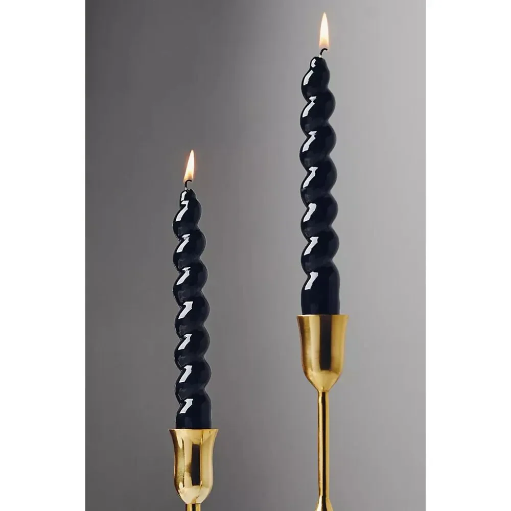 NIB Anthropologie High Shine Black Spiral Taper Candles, Set of 2